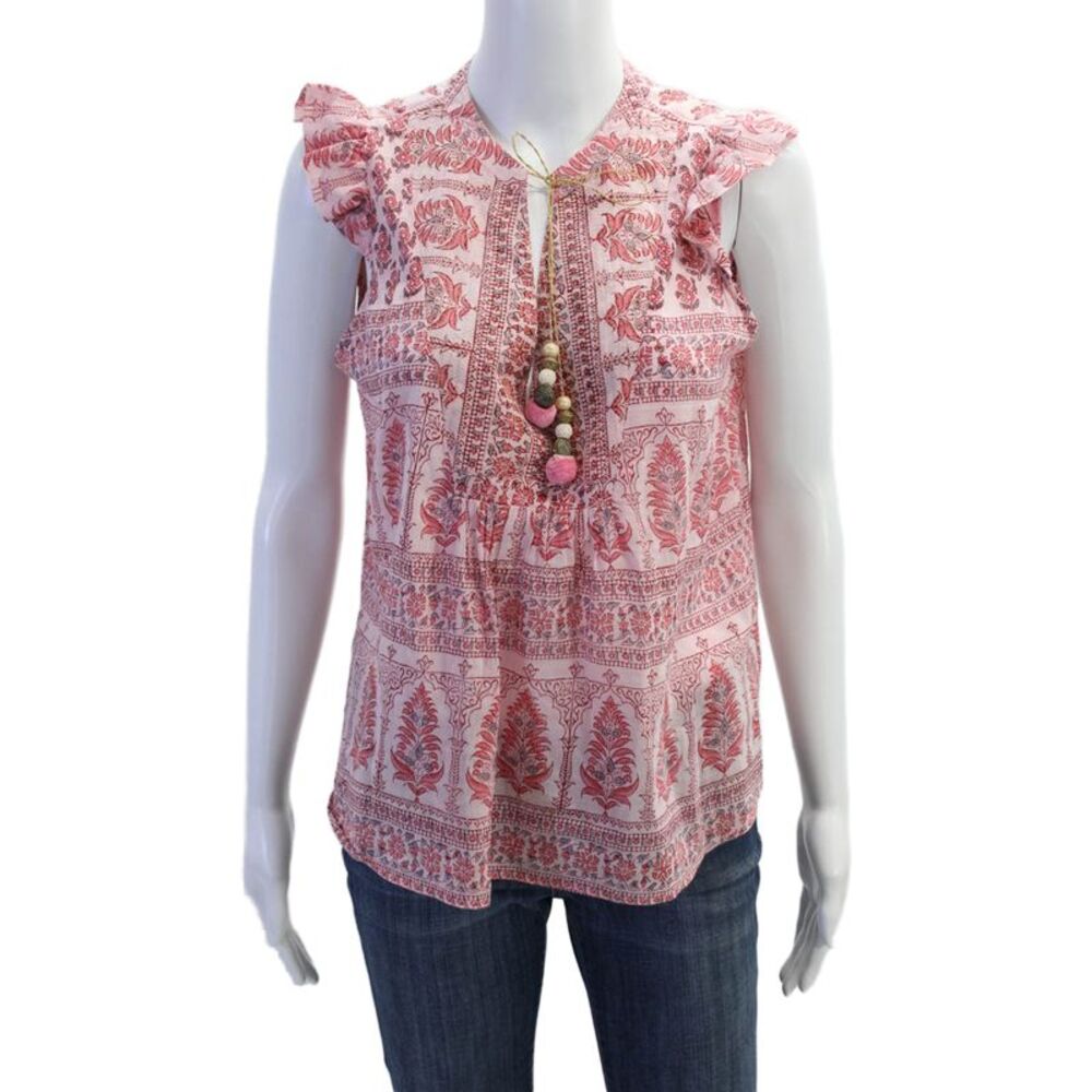 Bell Womens Cotton V-neck Short Sleeve Pattern Lined Blouse Pink Size M